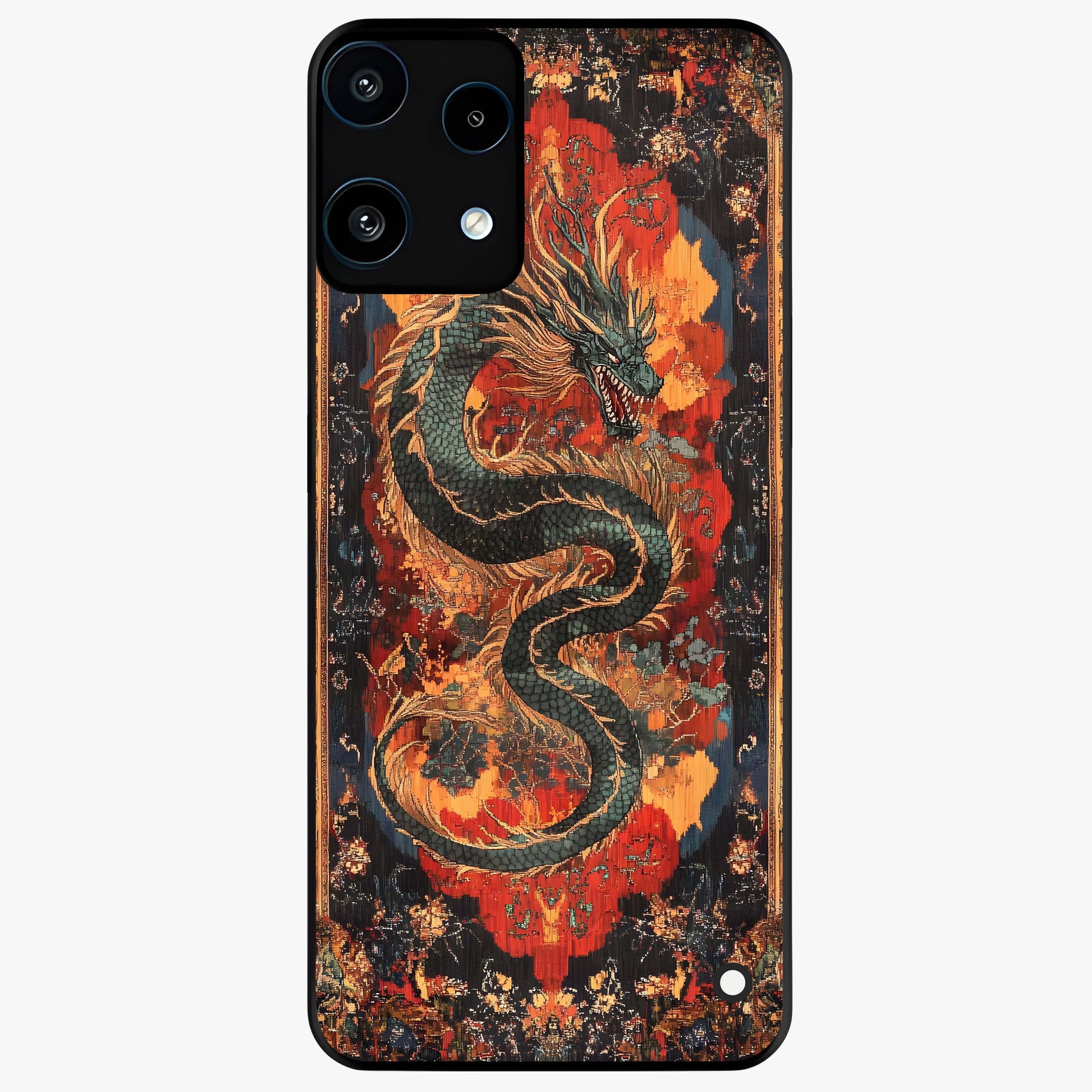 Inferno Dragon Soul Glass Case showing flat back view with fiery dragon artwork and glossy glass finish.