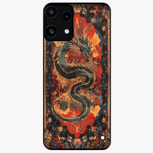 Inferno Dragon Soul Glass Case showing flat back view with fiery dragon artwork and glossy glass finish.