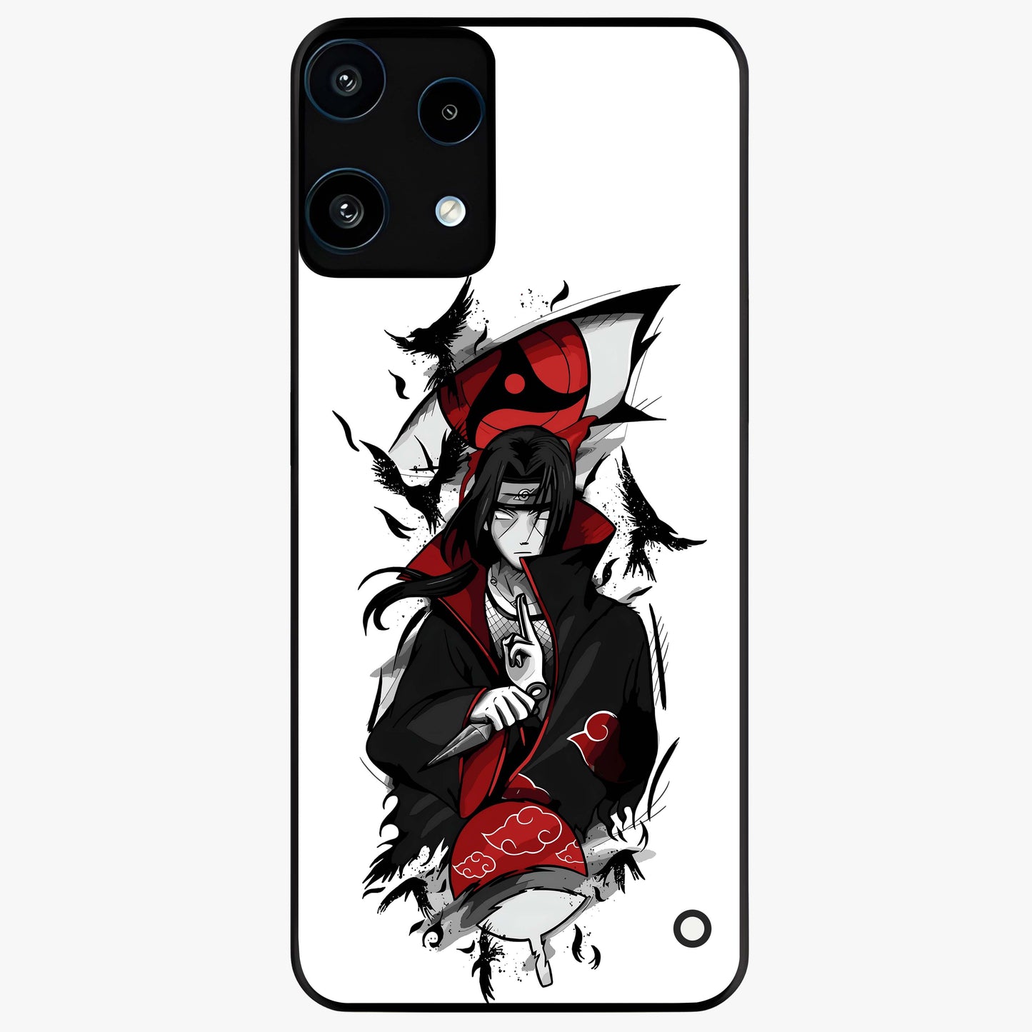 Itachi Sharingan Glass Case showing flat back view with powerful anime eye artwork and glossy glass finish.