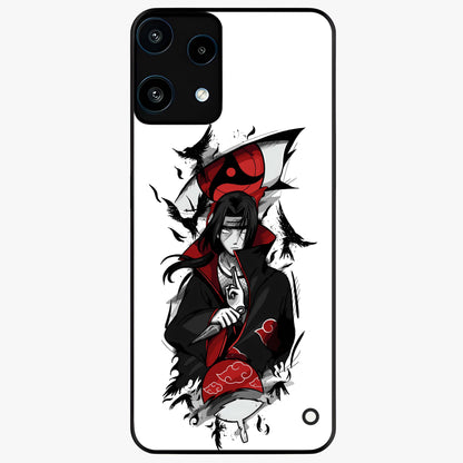 Itachi Sharingan Glass Case showing flat back view with powerful anime eye artwork and glossy glass finish.