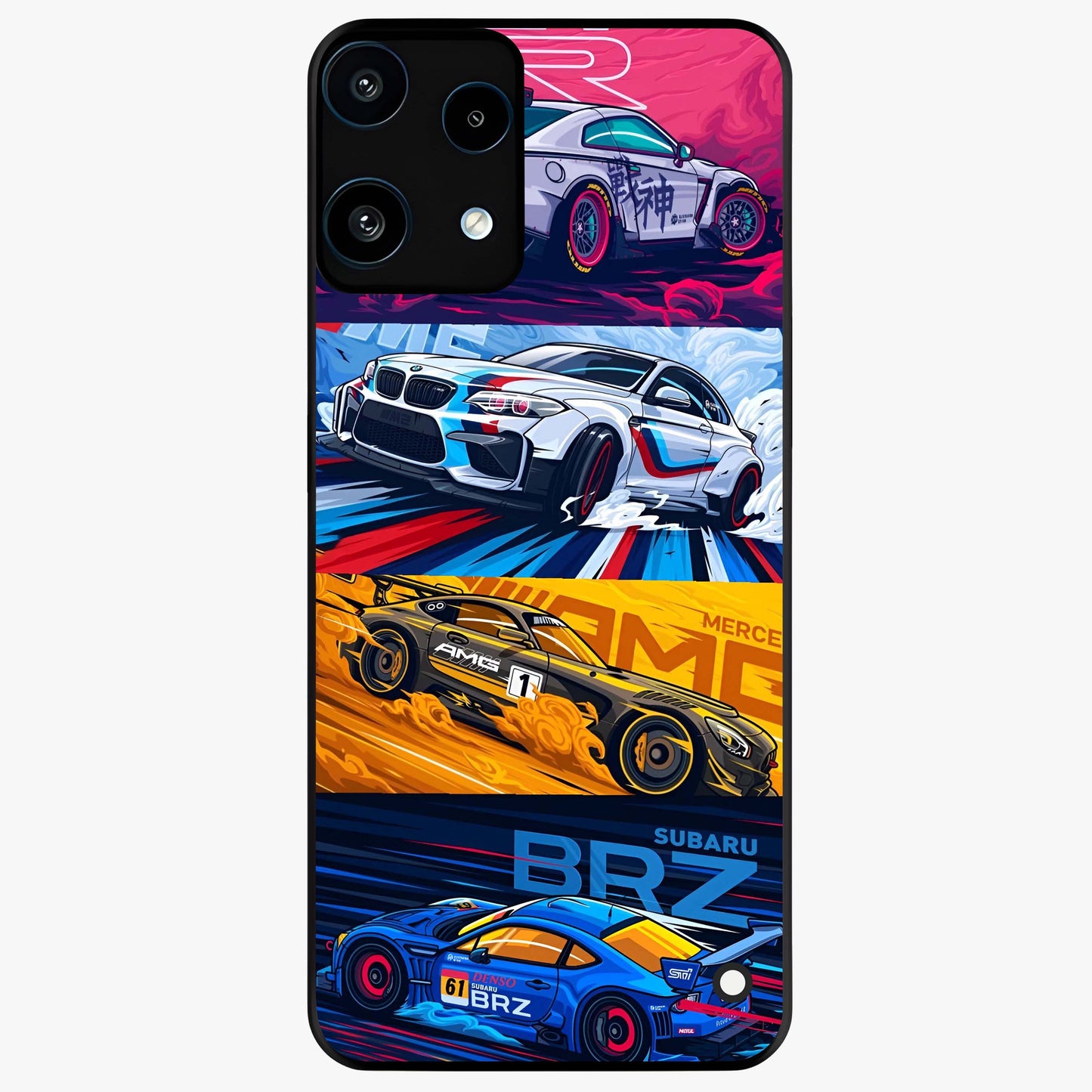 JDM Sports Car Glass Case showing flat back view with high performance sports car artwork and glossy glass finish.