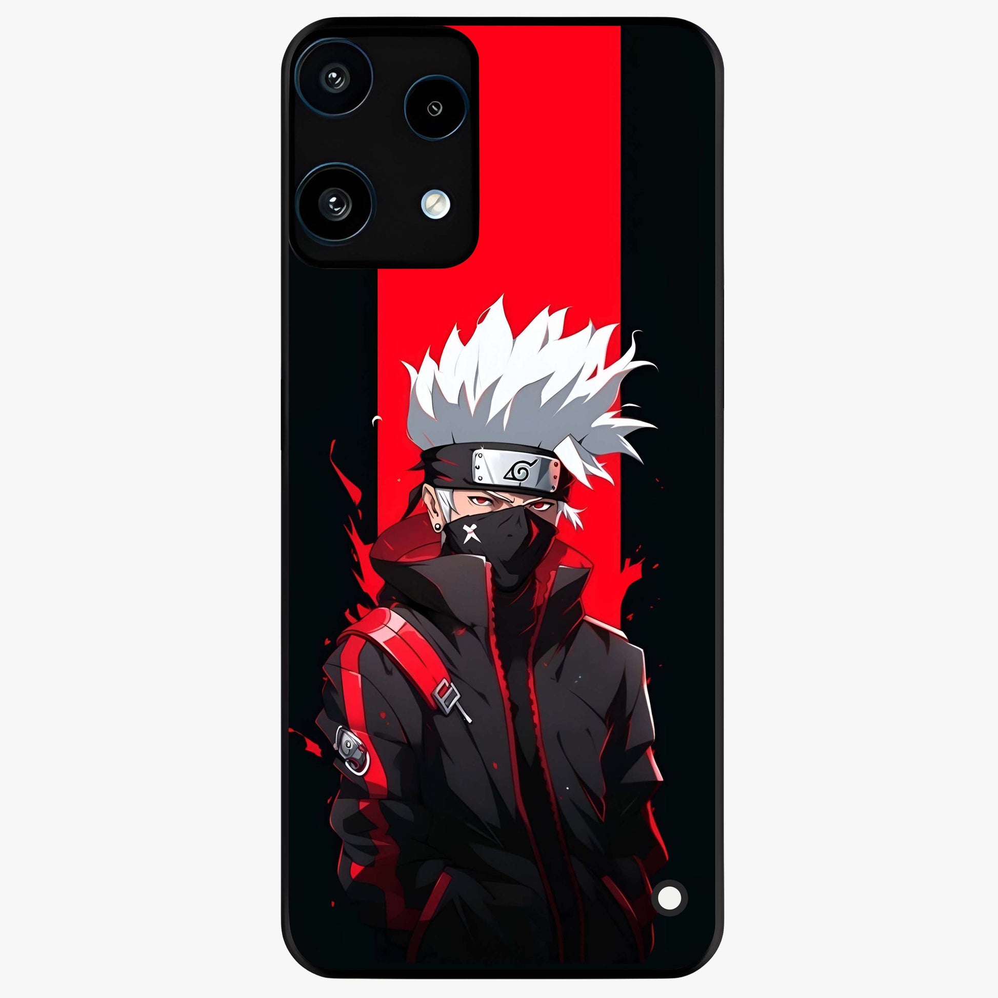 Kakashi Scarlet Shadow Glass Case showing flat back view with powerful anime ninja artwork and glossy glass finish.