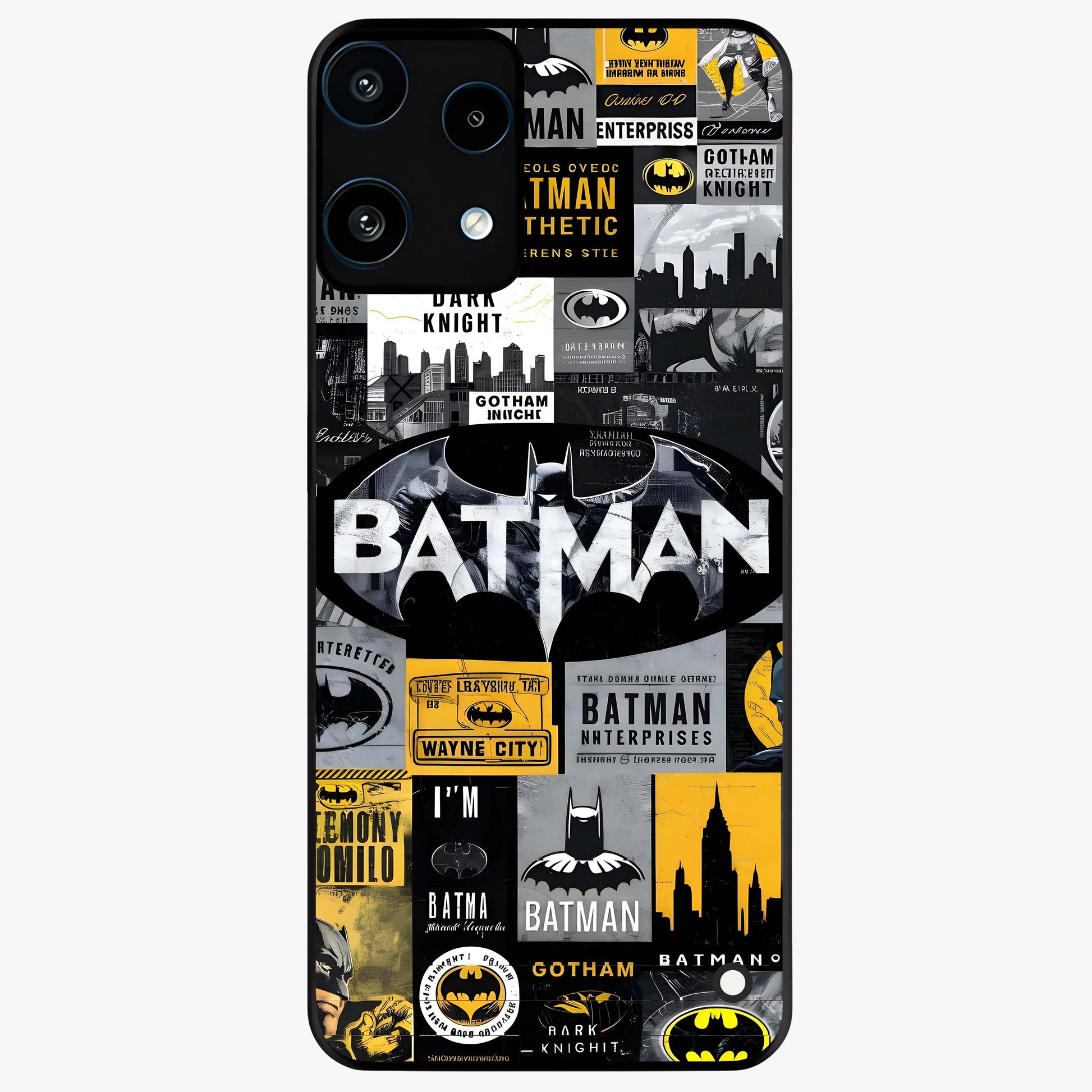Knight Gotham Rise Glass Case showing flat back view with dark hero inspired artwork and glossy glass finish.