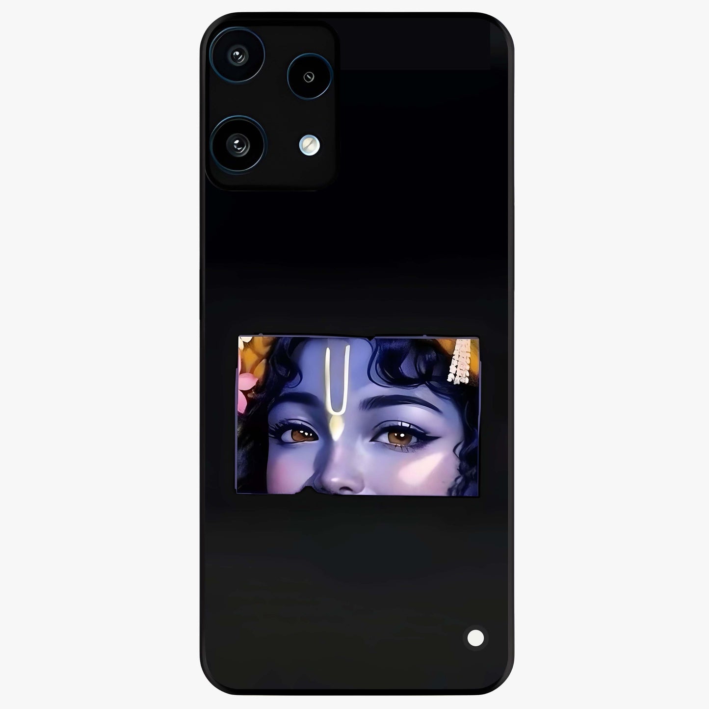 Krishna Divine Embrace Glass Case showing flat back view with Lord Krishna devotional artwork and glossy glass finish.