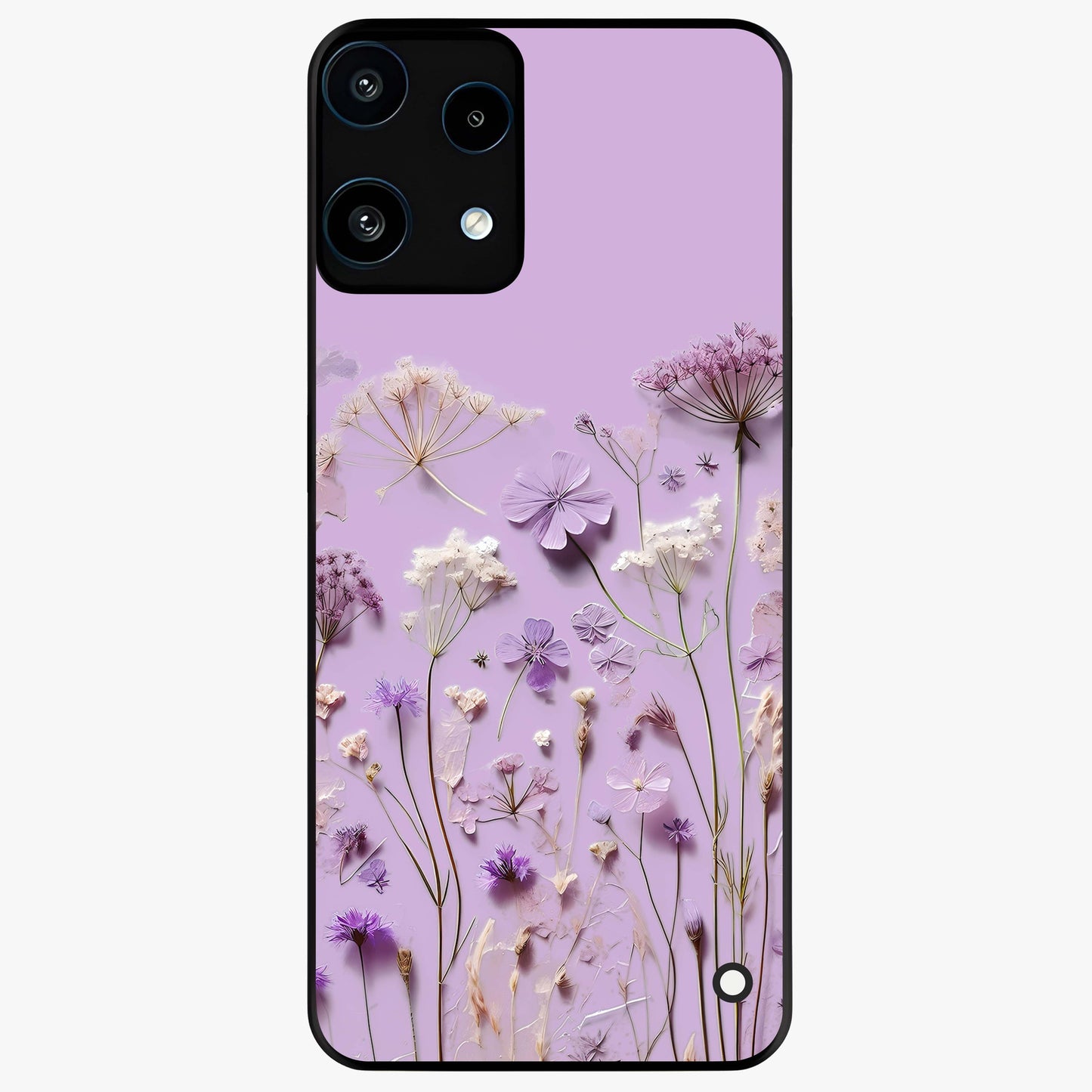 Lavender Blossom Dream Glass Case showing flat back view with soft lavender floral artwork and glossy glass finish.