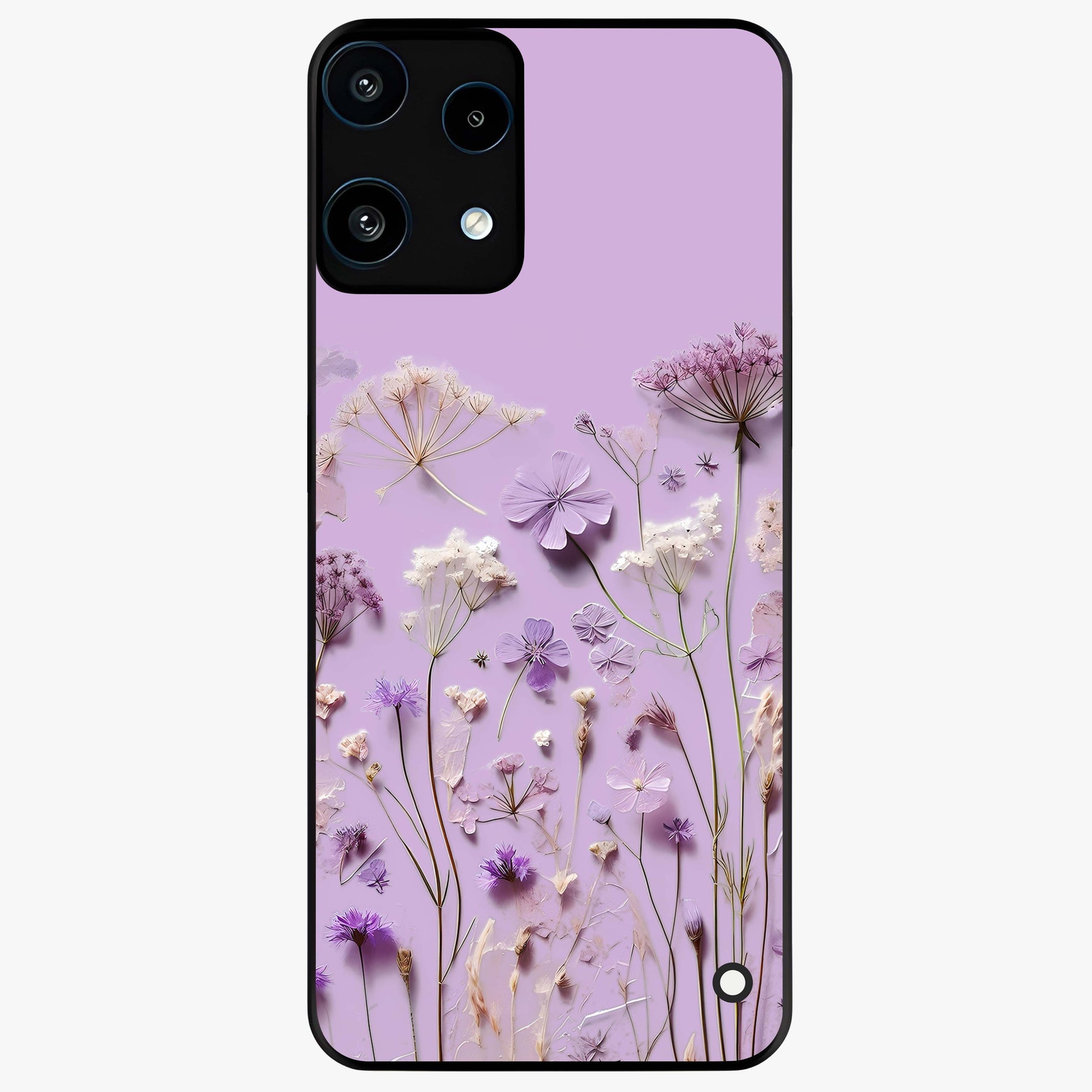 Lavender Blossom Dream Glass Case showing flat back view with soft lavender floral artwork and glossy glass finish.
