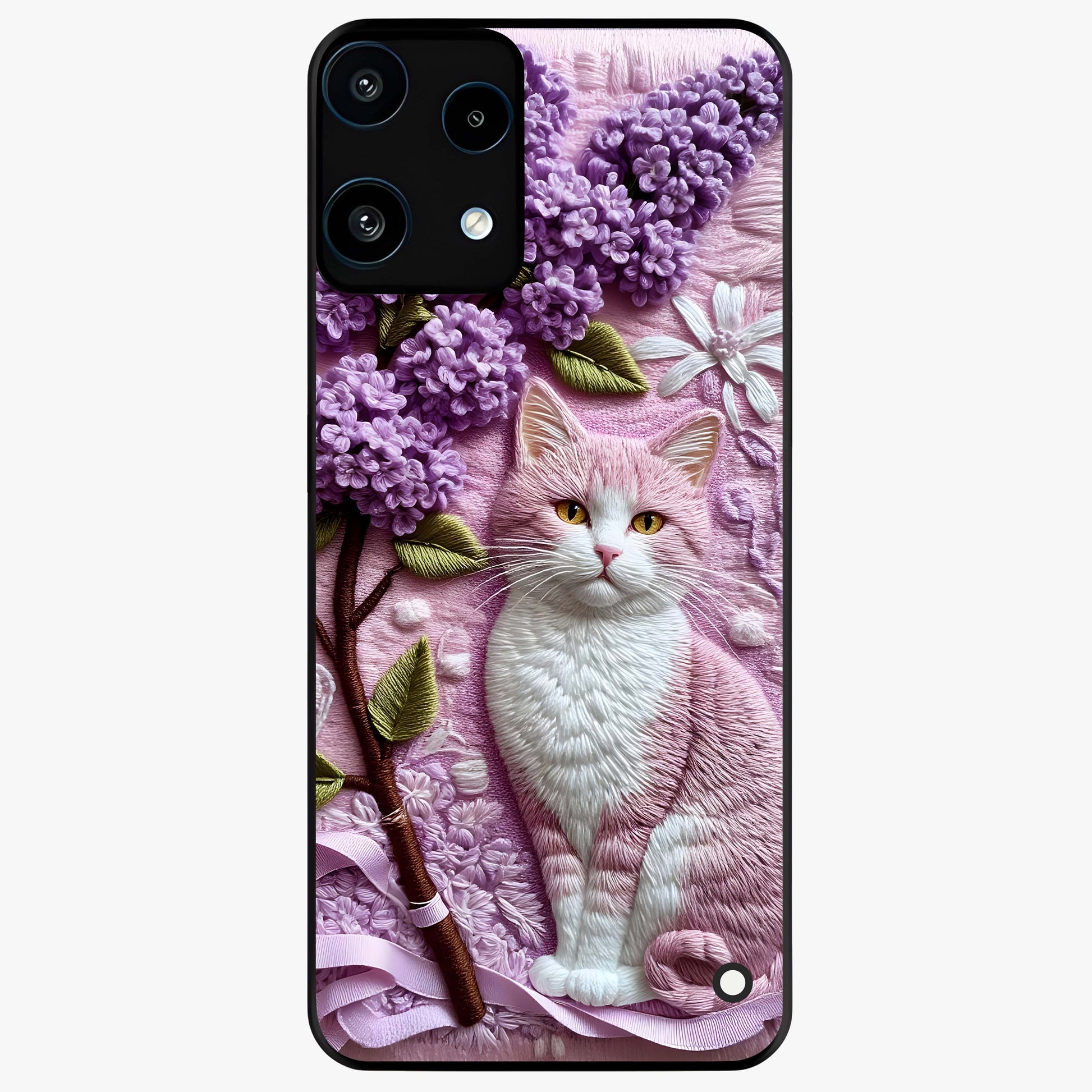 Lavender Cat Whimsy Glass Case showing flat back view with cute lavender cat artwork and glossy glass finish.