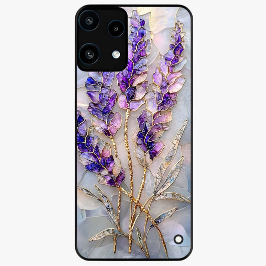 Lavender Dream Glow Glass Case showing flat back view with glowing lavender aesthetic artwork and glossy glass finish.