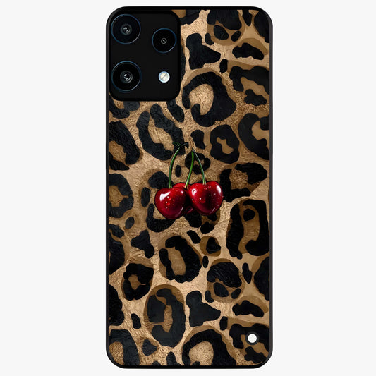 Leopard Wild Cherry Glass Case showing flat back view with leopard pattern and cherry artwork and glossy glass finish.