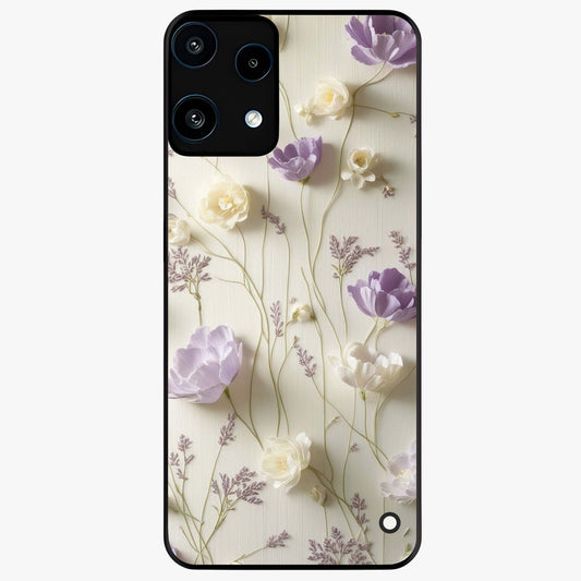 Lilac Breeze Harmony Glass Case showing flat back view with soft lilac themed artwork and glossy glass finish.