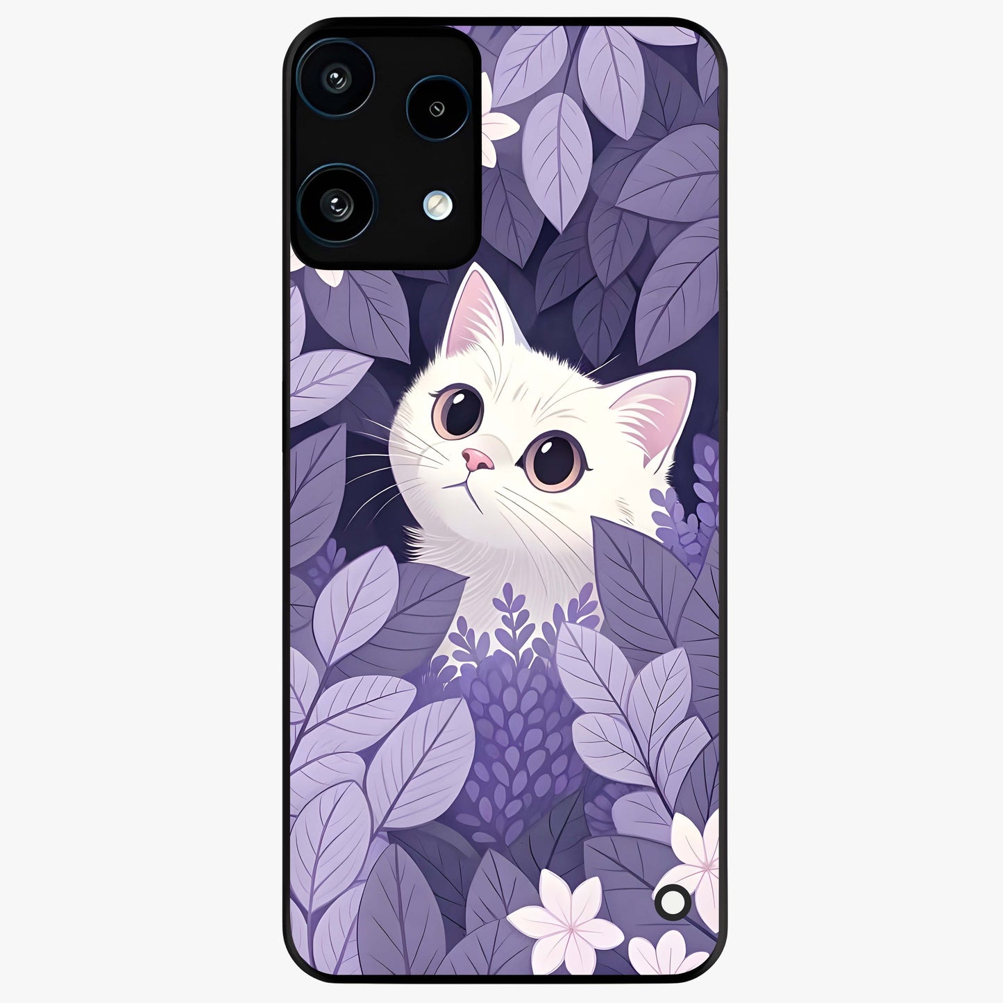 Lilac Hide Peek Cat Glass Case showing flat back view with cute peeking cat artwork and glossy glass finish.