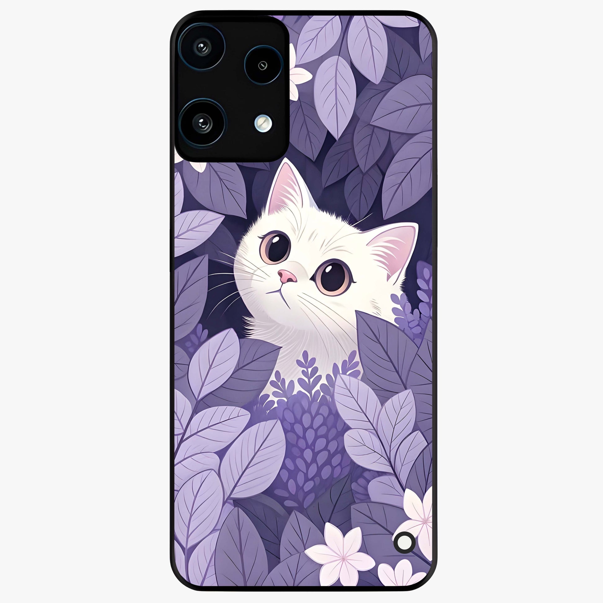 Lilac Hide Peek Cat Glass Case showing flat back view with cute peeking cat artwork and glossy glass finish.