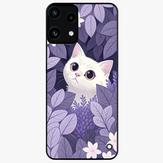 Lilac Hide Peek Cat Glass Case showing flat back view with cute peeking cat artwork and glossy glass finish.