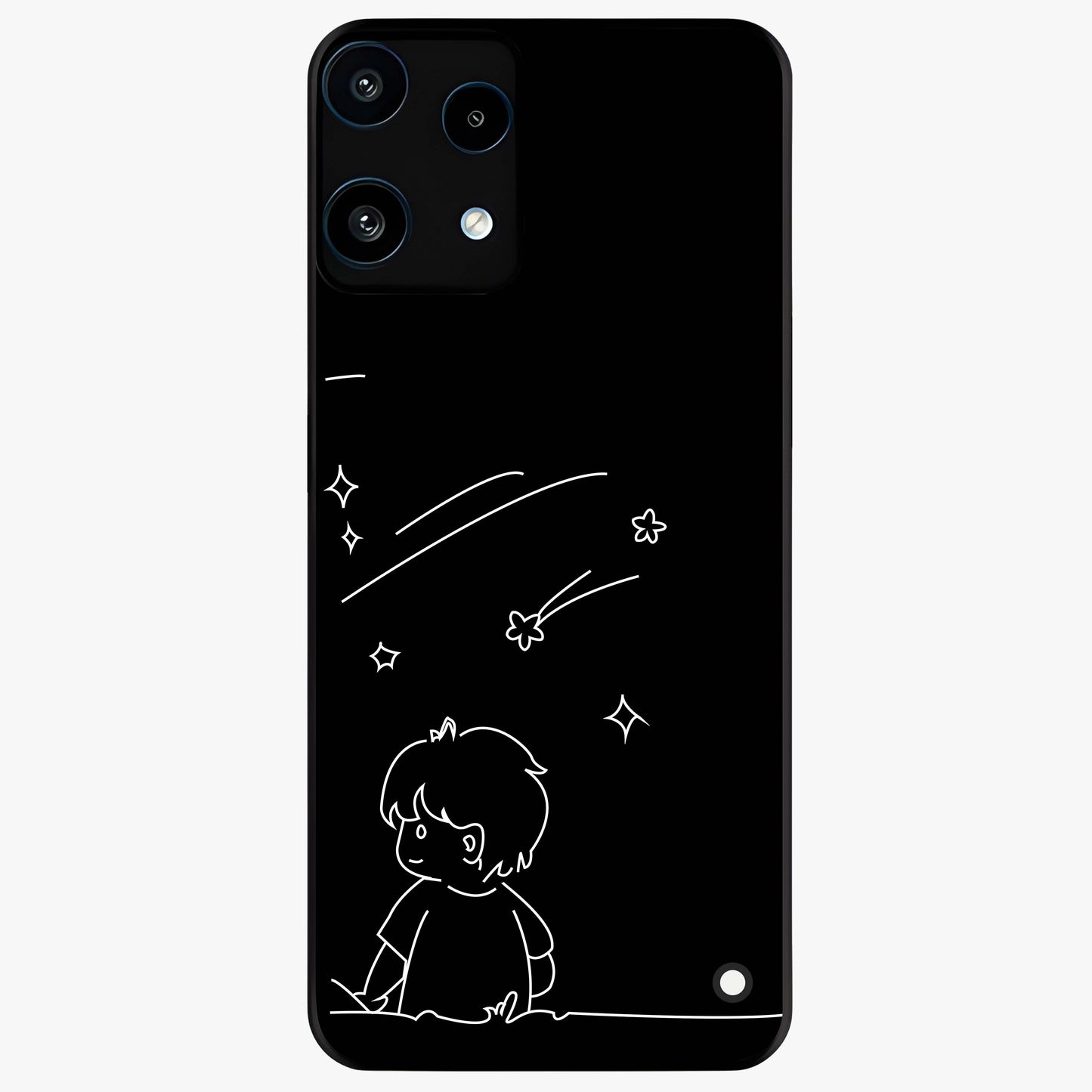 Line Art Boy With Shooting Stars Glass Case showing flat back view with minimal line art boy and shooting stars illustration and glossy glass finish.