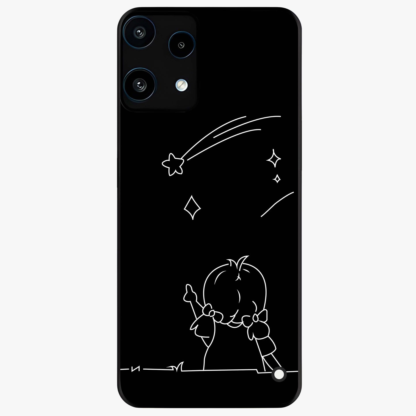 Line Art Girl With Shooting Stars Glass Case showing flat back view with minimal line art girl and shooting stars illustration and glossy glass finish.