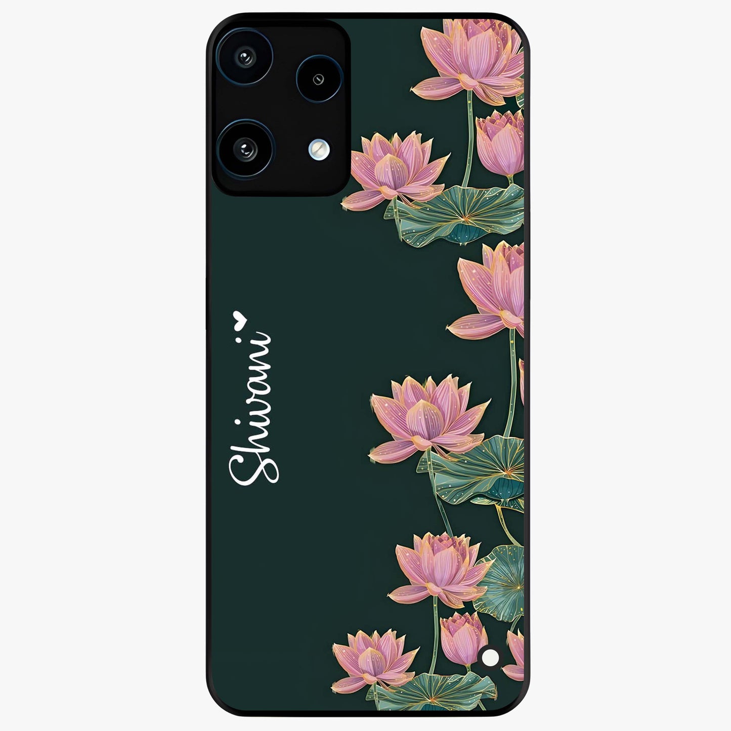 Lotus Bloom Serenity Custom Name Glass Case showing flat back view with elegant lotus flower artwork and personalized name design.