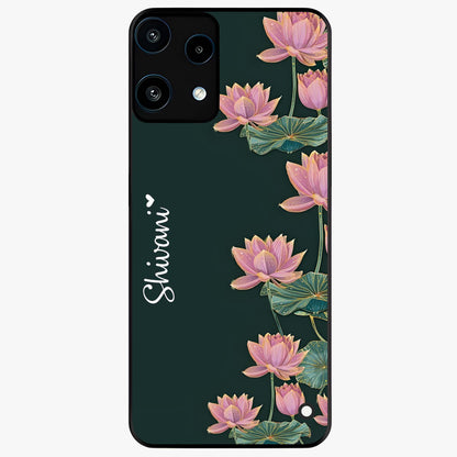 Lotus Bloom Serenity Custom Name Glass Case showing flat back view with elegant lotus flower artwork and personalized name design.