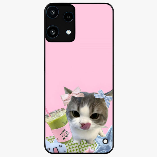Love Matcha Cat Glass Case showing flat back view with cute cat and matcha themed artwork and glossy glass finish.