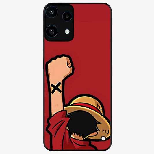 Luffy X Spirit Glass Case showing flat back view with bold anime character artwork and glossy glass finish.