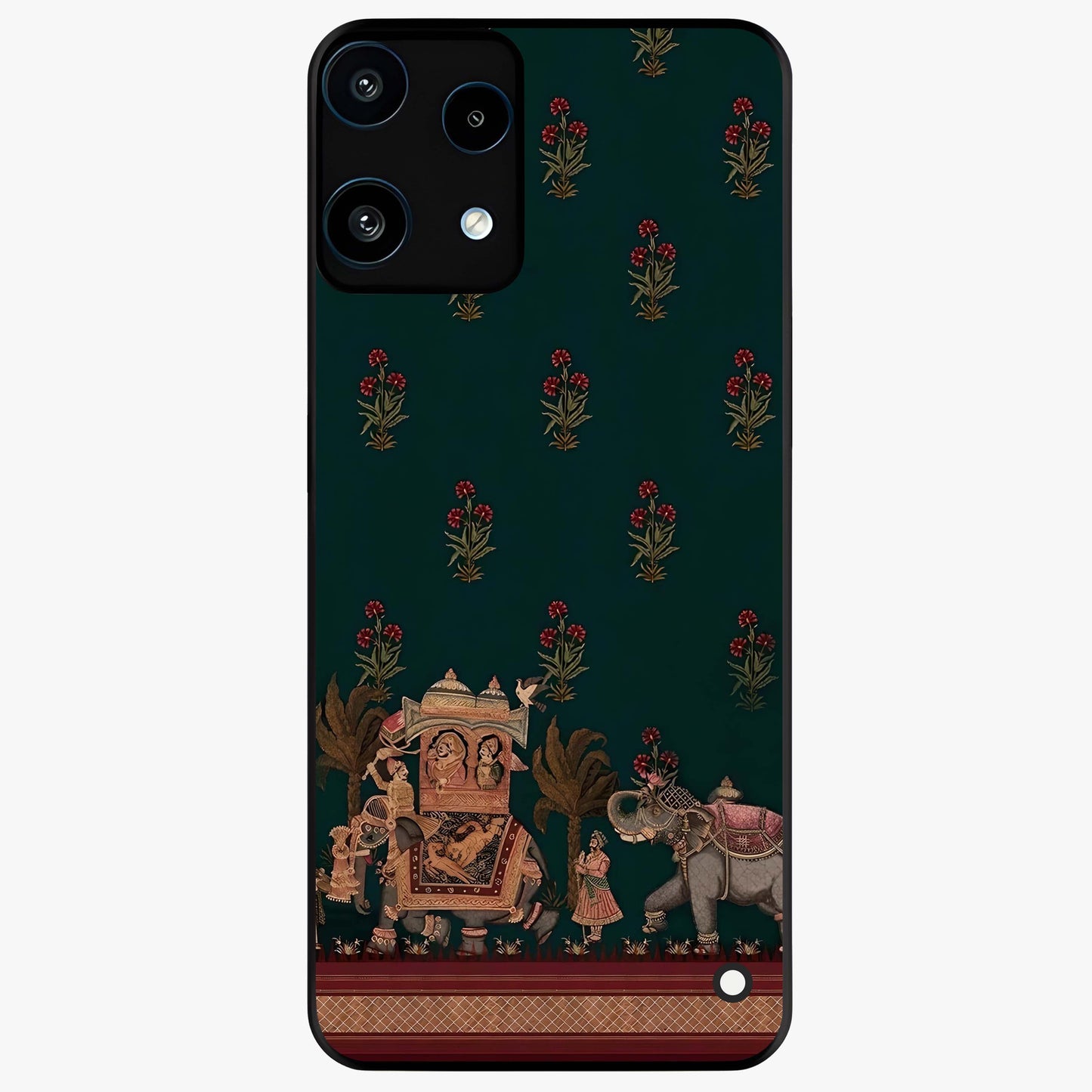 Macmerise Glass Case showing flat back view with stylish modern artwork and glossy glass finish.