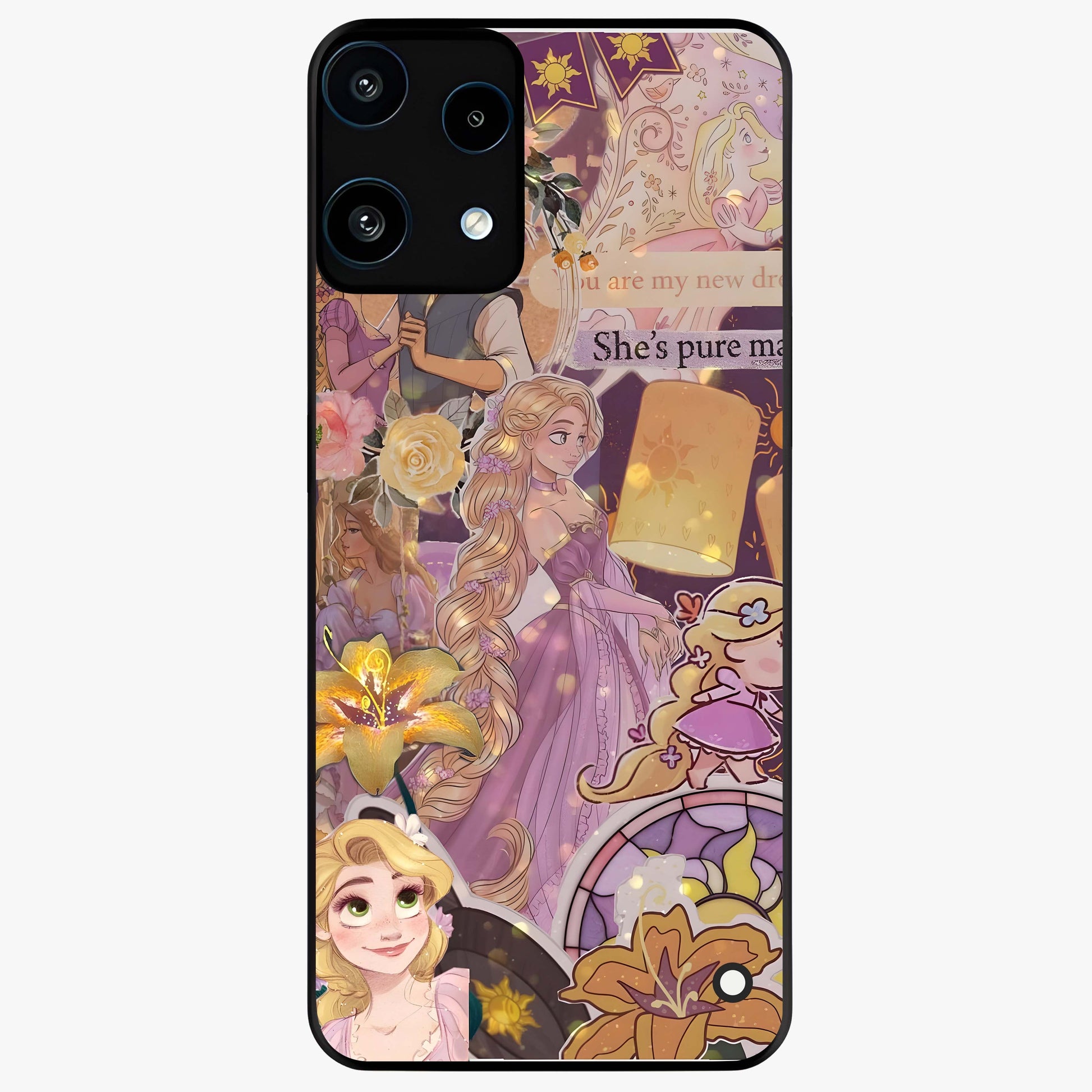 Magical Tangled Dream Glass Case showing flat back view with dreamy tangled artwork and glossy glass finish.