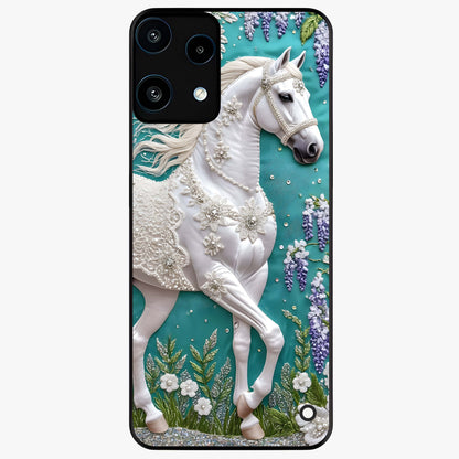 Majestic Floral Stallion Glass Case showing flat back view with powerful horse and floral artwork and glossy glass finish.