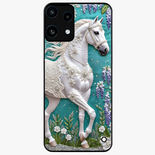 Majestic Floral Stallion Glass Case showing flat back view with powerful horse and floral artwork and glossy glass finish.