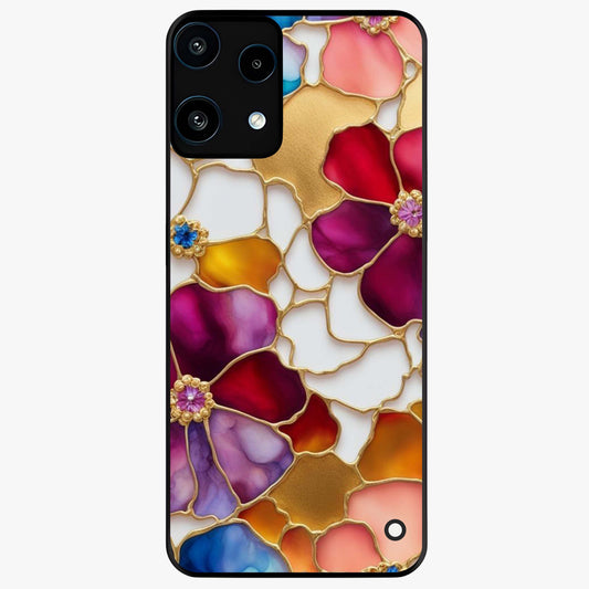 Marble Flower Pattern Glass Case showing flat back view with marble texture floral artwork and glossy glass finish.