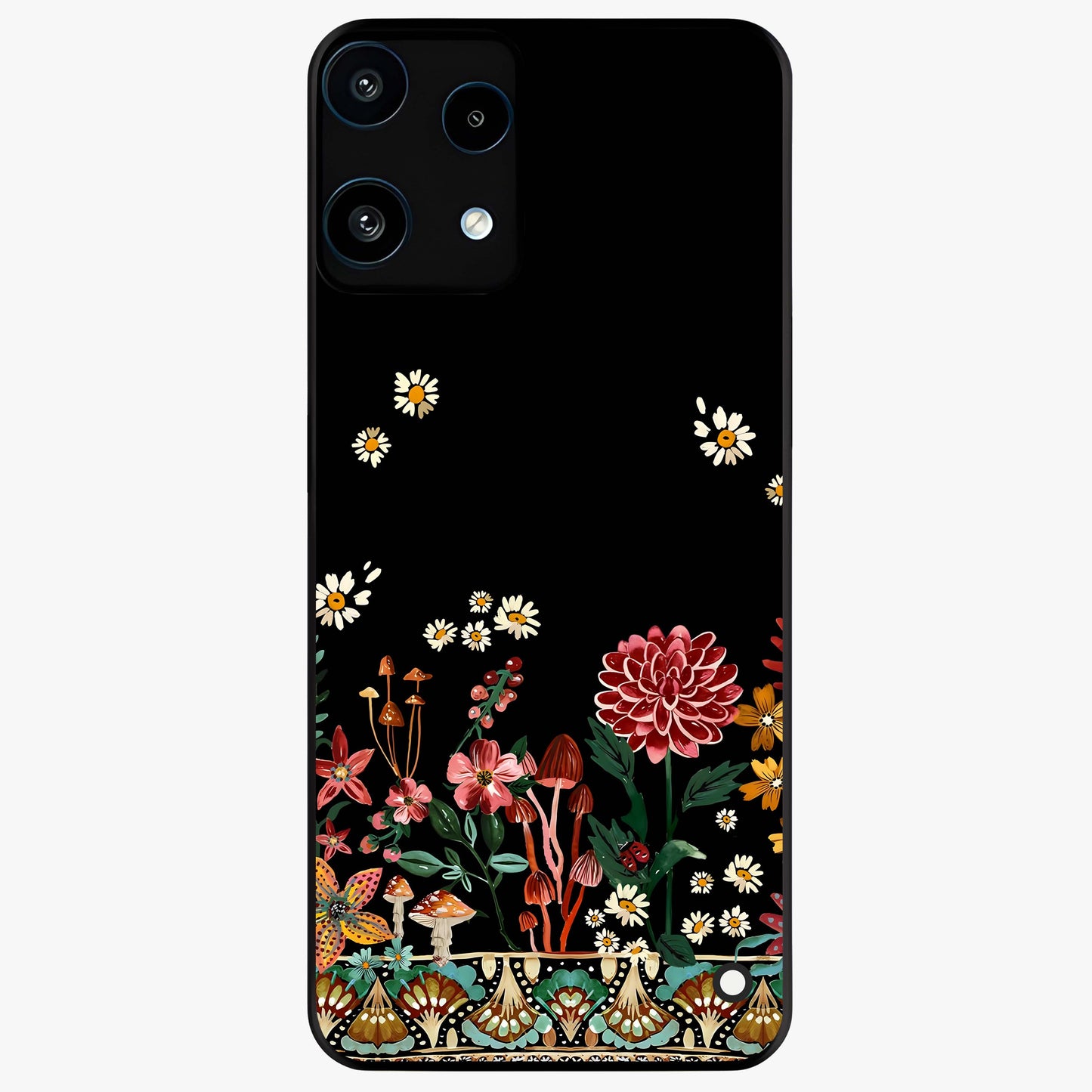 Midnight Bloom Pattern Glass Case showing flat back view with dark floral pattern artwork and glossy glass finish.