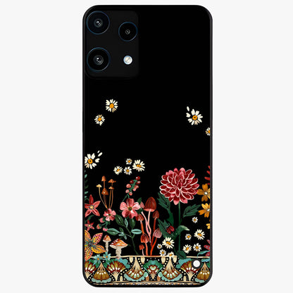 Midnight Bloom Pattern Glass Case showing flat back view with dark floral pattern artwork and glossy glass finish.