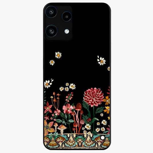 Midnight Bloom Pattern Glass Case showing flat back view with dark floral pattern artwork and glossy glass finish.