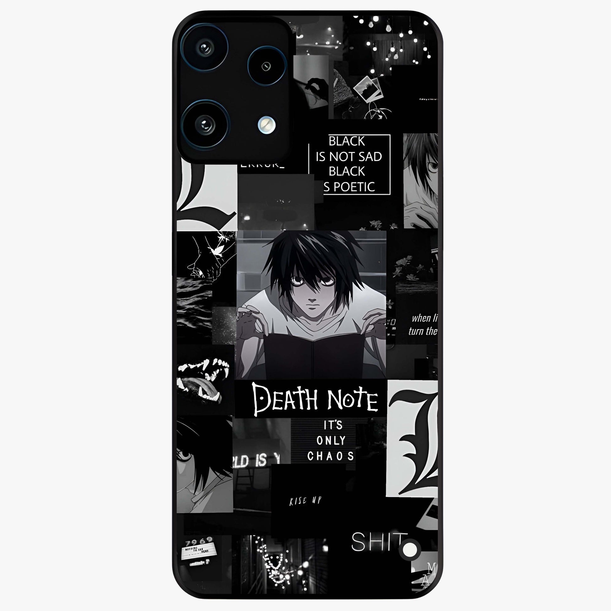 Midnight Chaos Mind Glass Case showing flat back view with abstract dark themed artwork and glossy glass finish.
