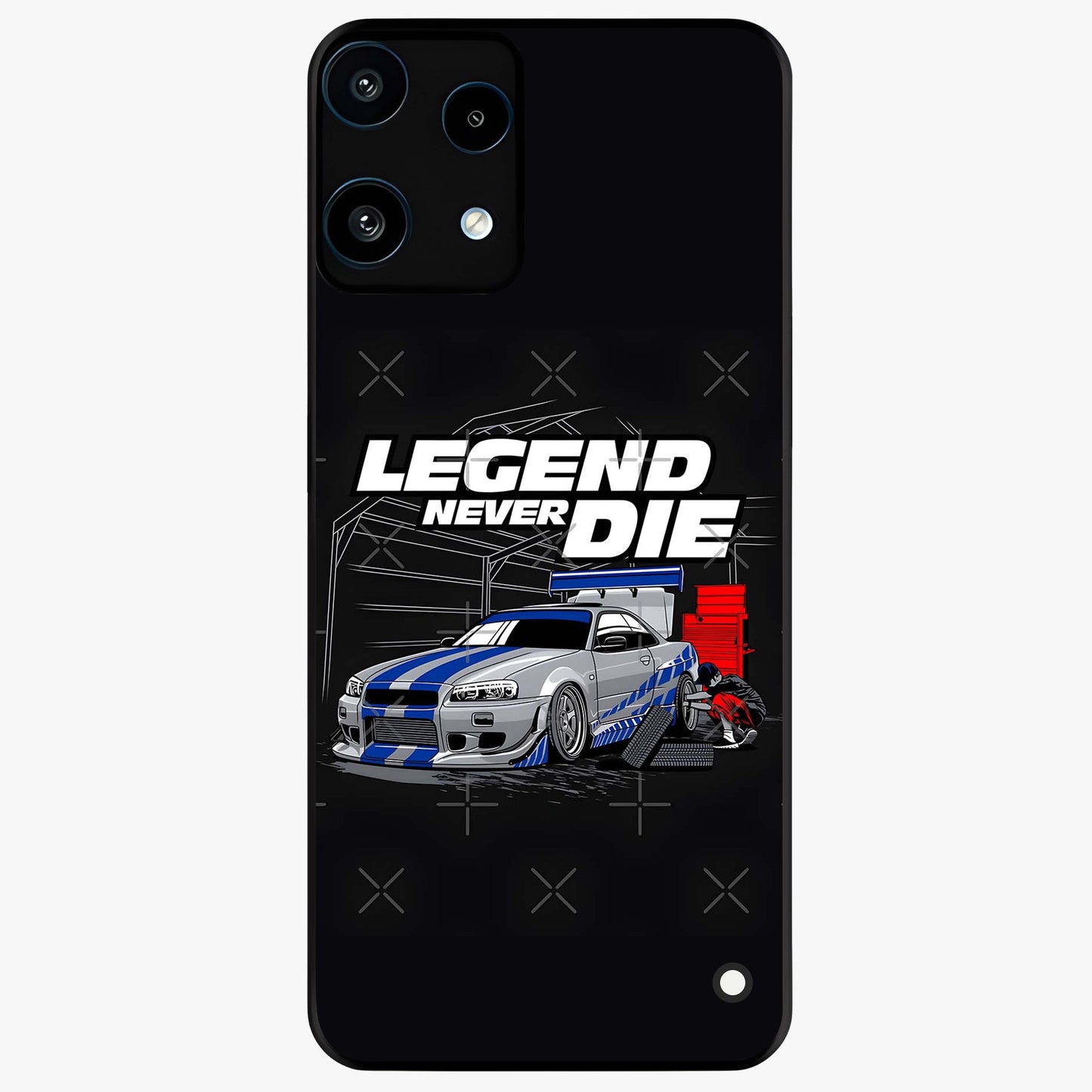 Midnight Racing Legacy Glass Case showing flat back view with sleek racing inspired artwork and glossy glass finish.