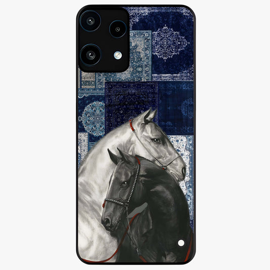 Midnight Stallion Blues Glass Case showing flat back view with majestic horse artwork and glossy glass finish.