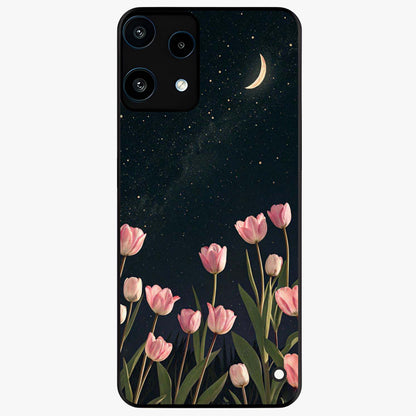 Midnight Tulip Whispers Vibe Glass Case showing flat back view with elegant tulip flower artwork and glossy glass finish.