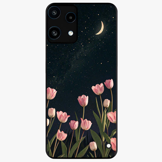 Midnight Tulip Whispers Vibe Glass Case showing flat back view with elegant tulip flower artwork and glossy glass finish.