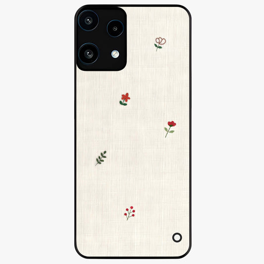 Minimal Petal Whispers Glass Case showing flat back view with soft minimal floral artwork and glossy glass finish.