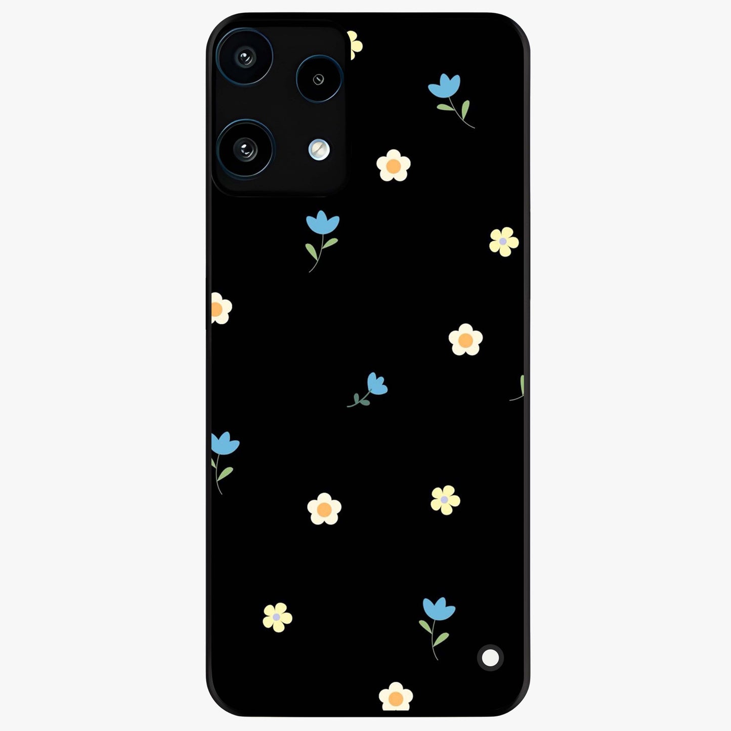 Minimalistic Blue With White Flower Pattern Glass Case showing flat back view with blue background and white flower pattern and glossy glass finish.