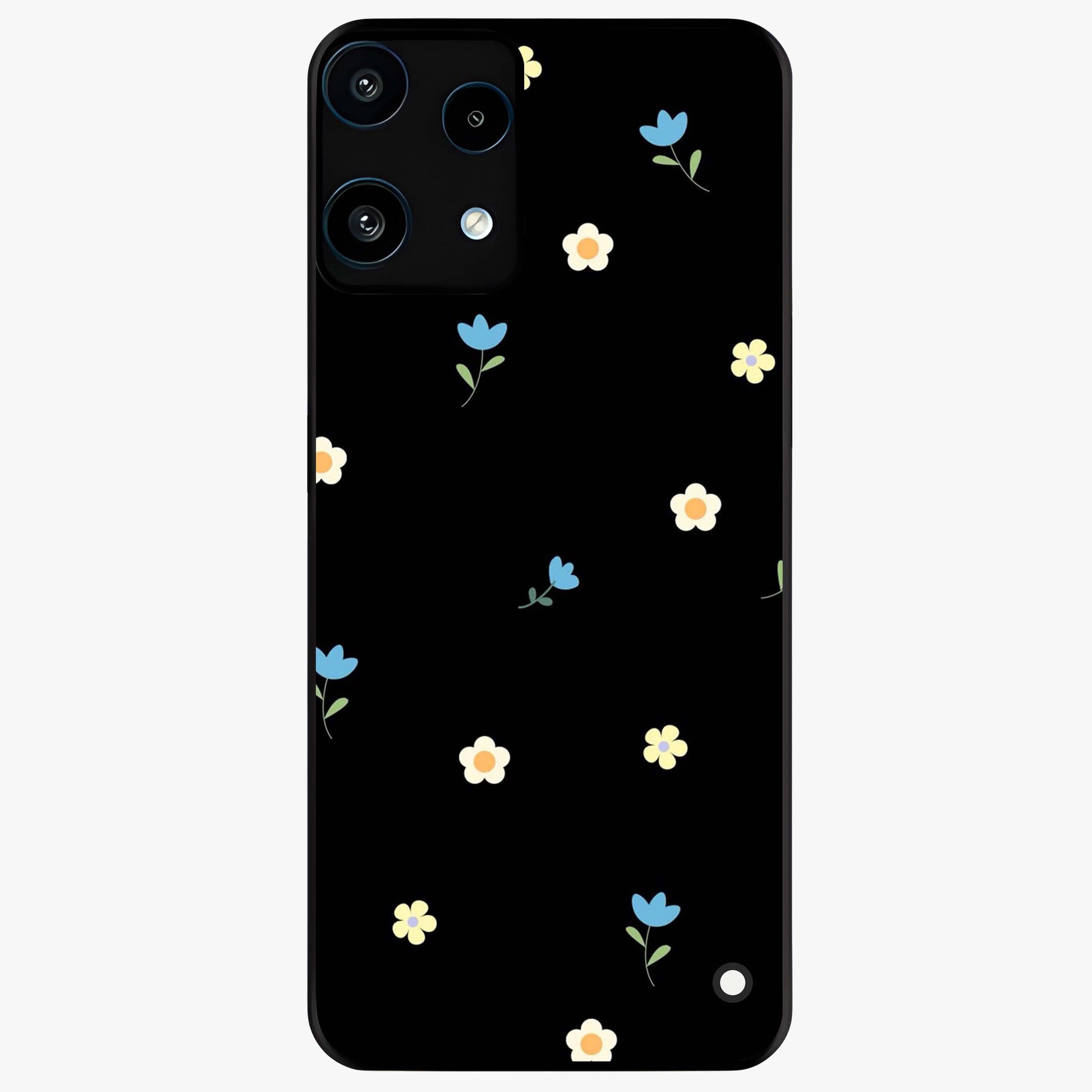 Minimalistic Blue With White Flower Pattern Glass Case showing flat back view with blue background and white flower pattern and glossy glass finish.