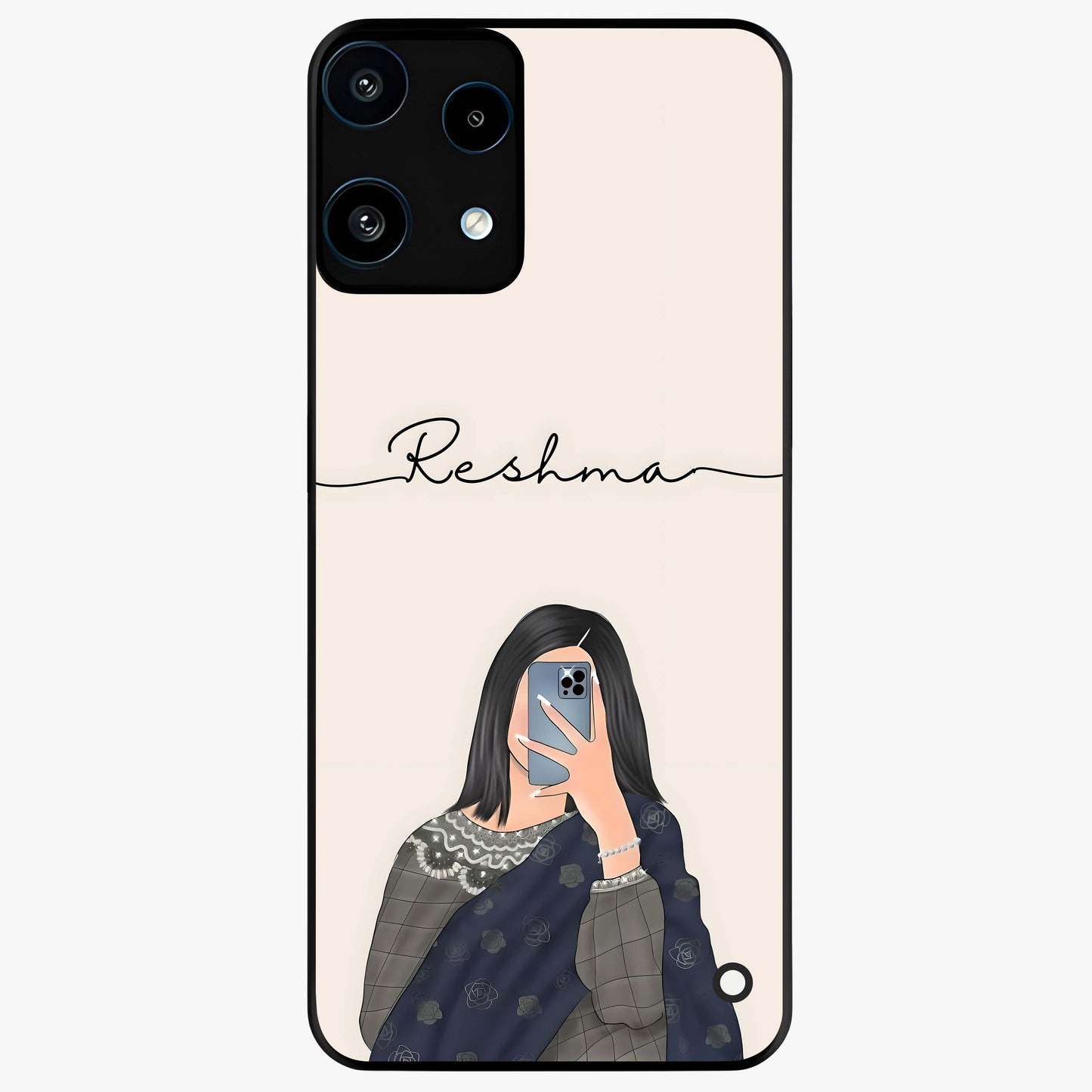 Mirror Mood Muse With Custom Name Glass Case showing flat back view with stylish mirrored artwork and personalized name design.