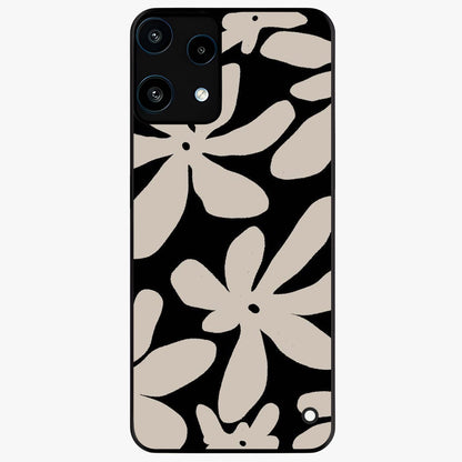 Monochrome Petal Dance Glass Case showing flat back view with monochrome floral artwork and glossy glass finish.