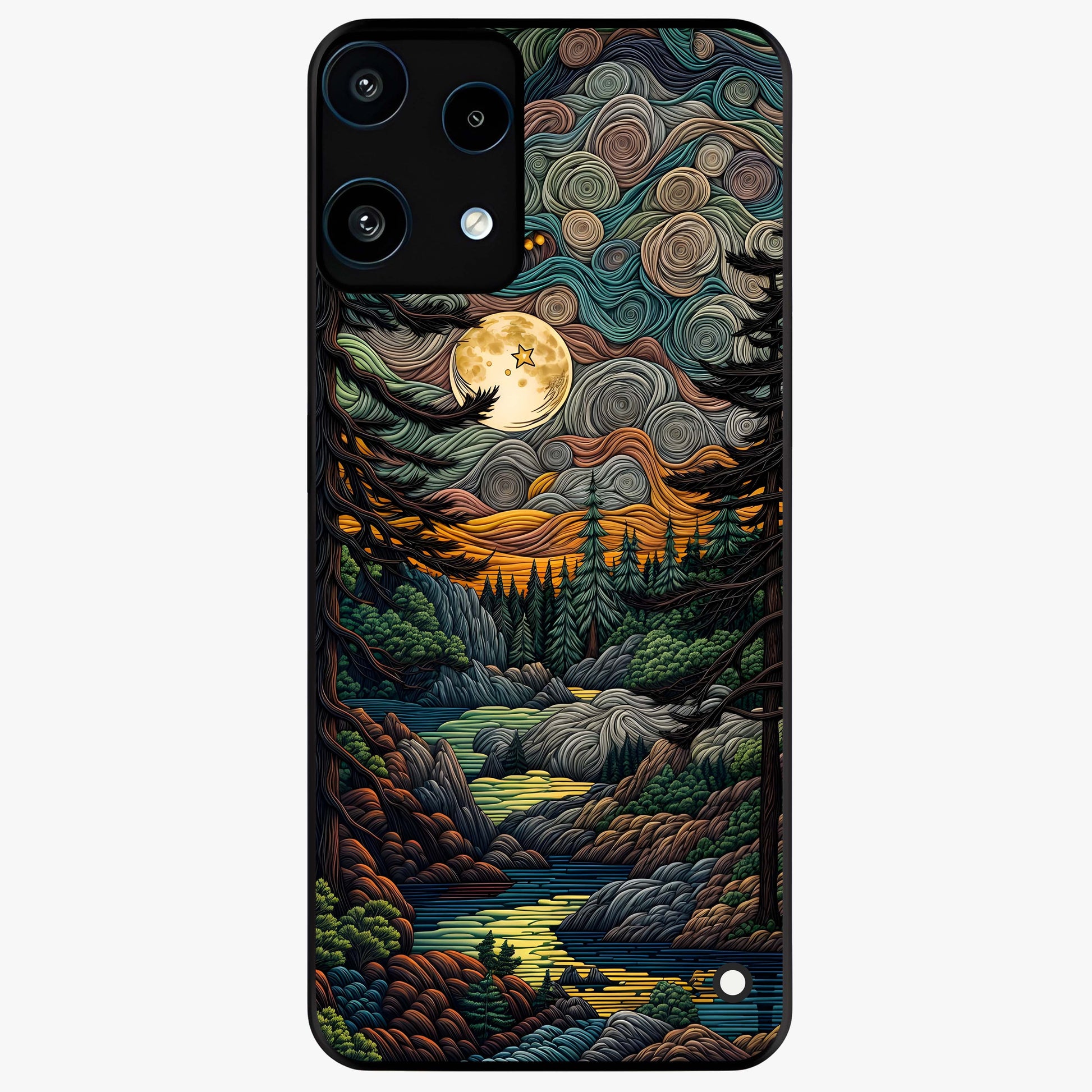 Moonlight Forest Dream Glass Case showing flat back view with mystical forest moonlight artwork and glossy glass finish.