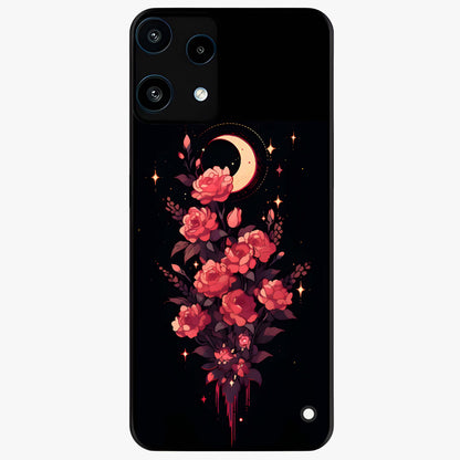 Moonlit Floral Elegance Glass Case showing flat back view with elegant floral artwork under moonlit tones and glossy glass finish.