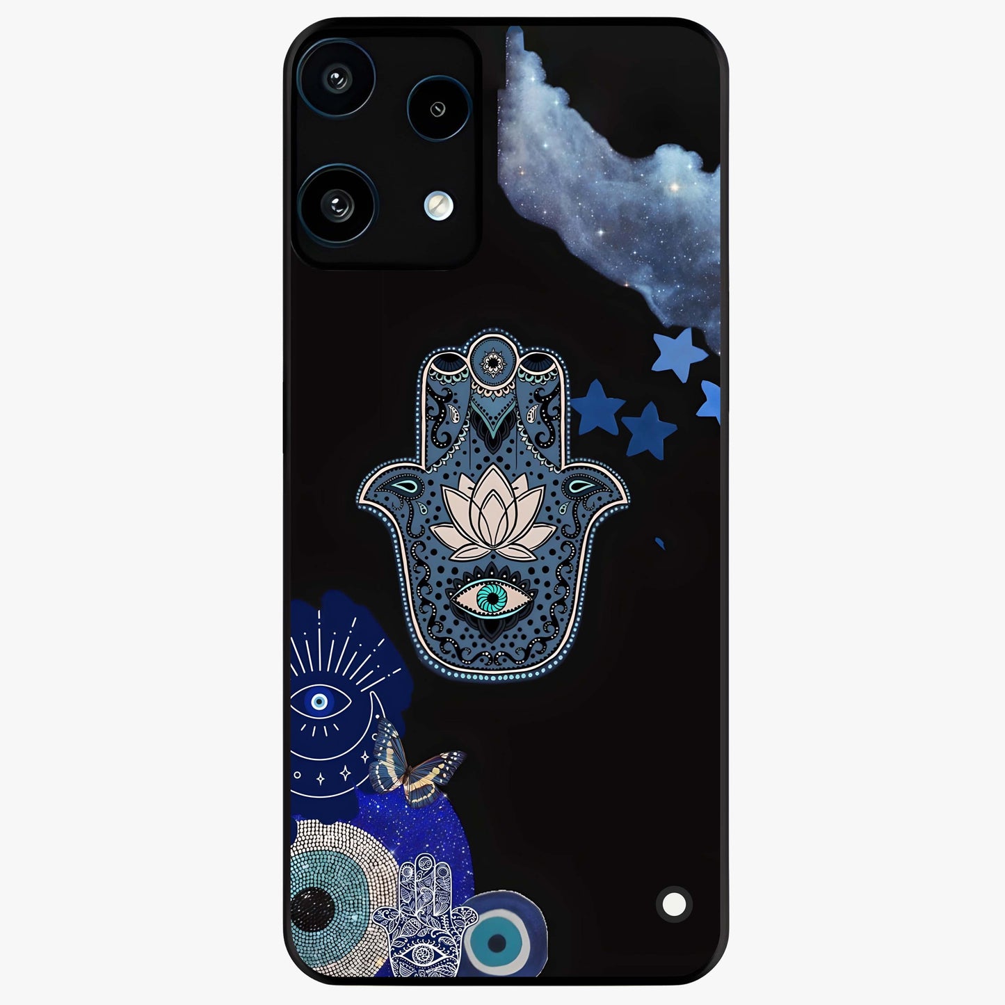 Mystic Hand Aura Glass Case showing flat back view with mystical hand symbol artwork and glossy glass finish.
