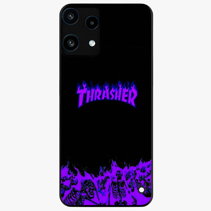 Neon Flame Riot Glass Case showing flat back view with neon flame artwork and glossy glass finish.