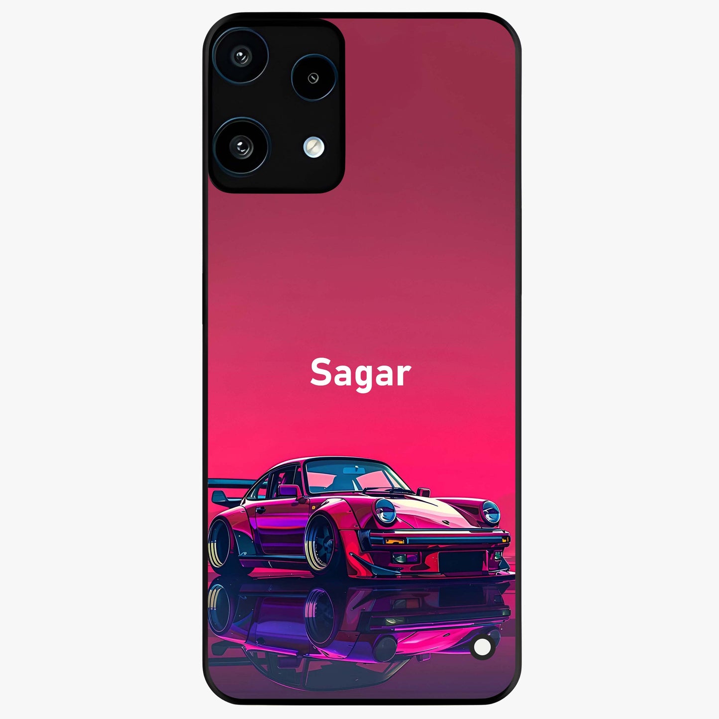 Neon Pink Porsche Glass Case showing flat back view with stylish sports car artwork and glossy glass finish.