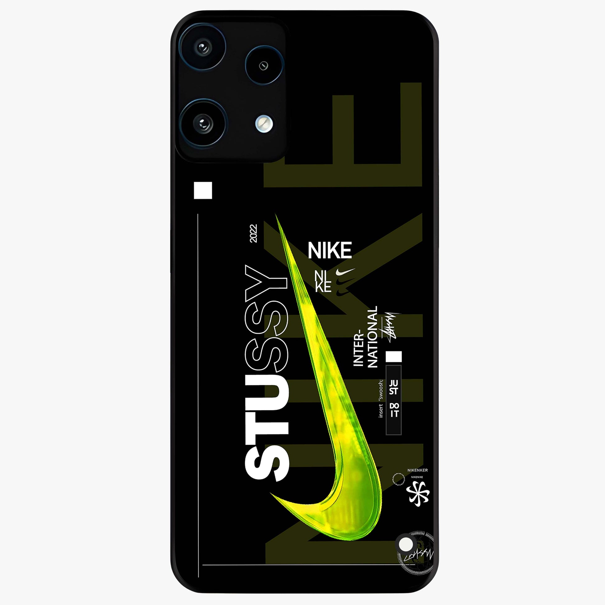 Neon Street Edition Glass Case showing flat back view with neon street style artwork and glossy glass finish.