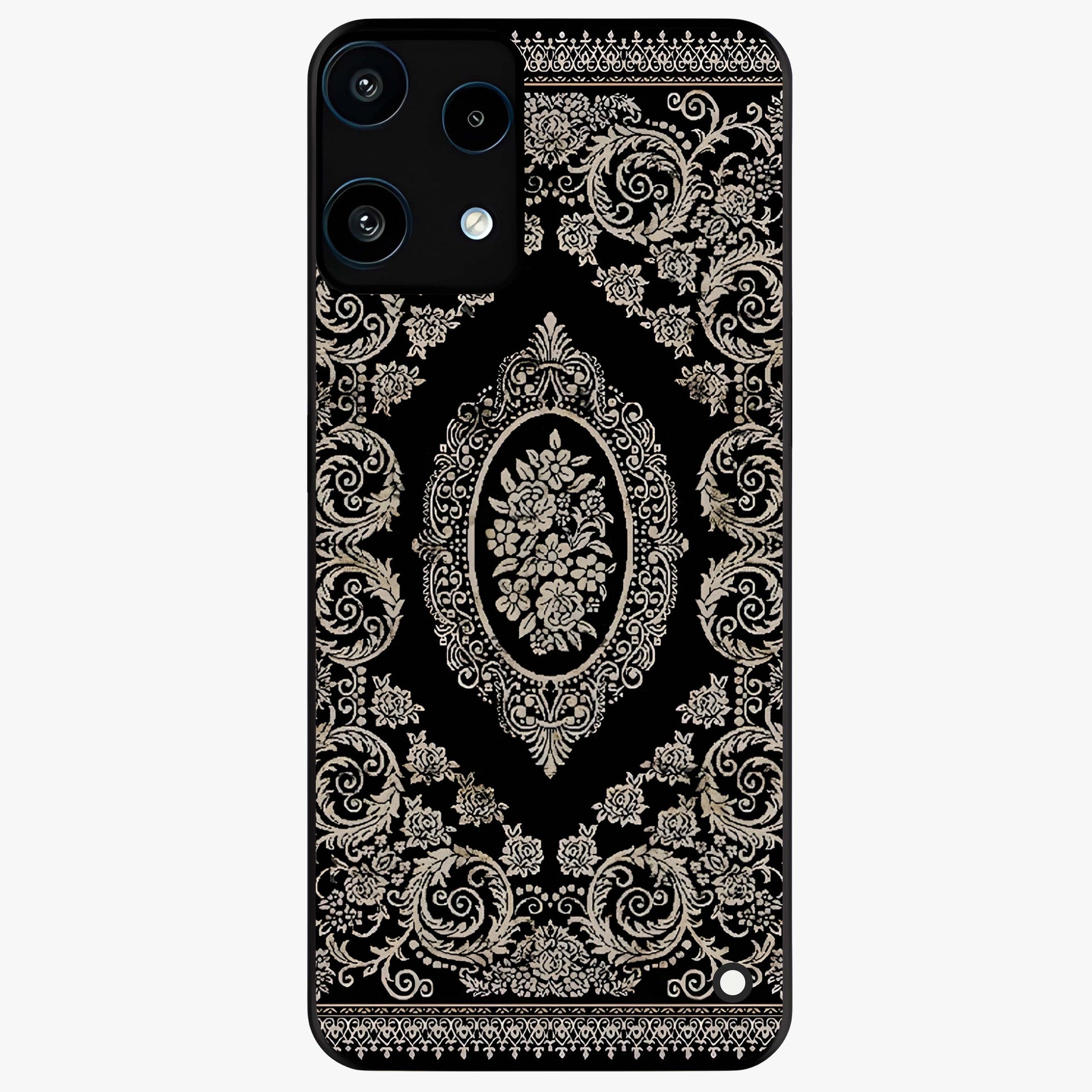 Noir Bloom Elegance Glass Case showing flat back view with elegant dark floral artwork and glossy glass finish.