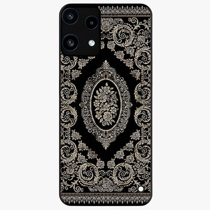 Noir Bloom Elegance Glass Case showing flat back view with elegant dark floral artwork and glossy glass finish.