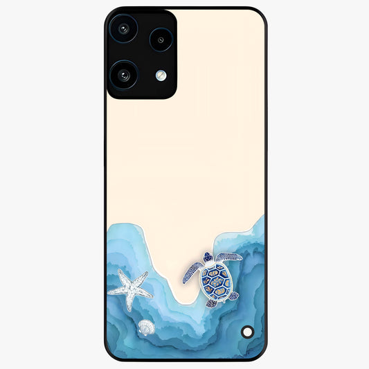 Ocean Drift Turtle Glass Case showing flat back view with sea turtle artwork and glossy glass finish.
